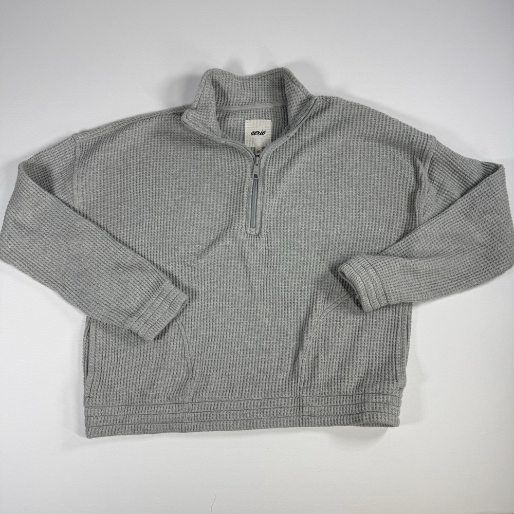 Aerie Womens Small Gray Waffle Knit Quarter Zip Pullover Kangaroo Pocket - Picture 1 of 8
